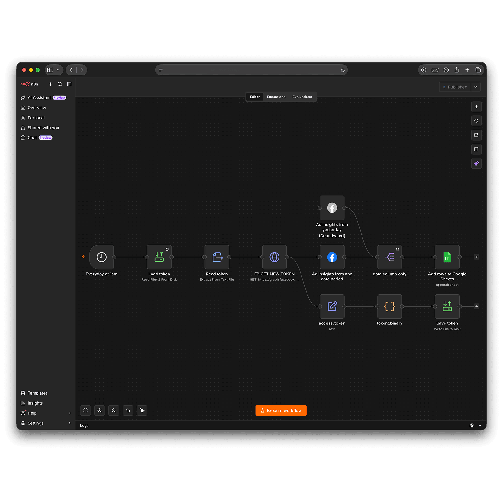 Automatizační workflow v n8n propojující e-mail, data a tabulky